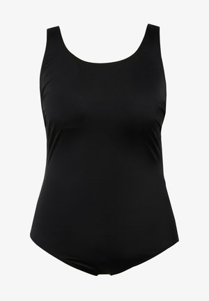 Juodas vientisas maudymosi kostiumėlis su apvaliu kaklu ir plačiomis petnešomis. Pagamintas iš lygaus, elastingo audinio su prigludusiu dizainu.