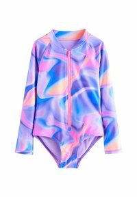 Costume da bagno a maniche lunghe con un vivace motivo a vortice nei toni pastello, che presenta sfumature di rosa, viola e blu, con chiusura frontale a zip.