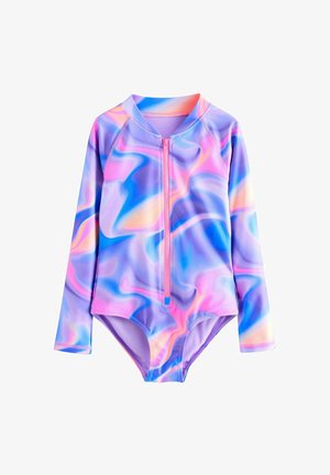 Heldragt med lange ærmer og frontlynlås i pink, lilla, blå og orange swirl-mønster på hvid baggrund.