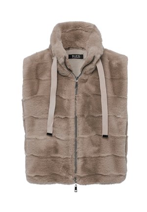 Nepbontussenjas in lichtbeige met een doorgestikt patroon. Voorzien van een rits aan de voorkant, een hoge kraag en trekkoorden voor aanpassing.