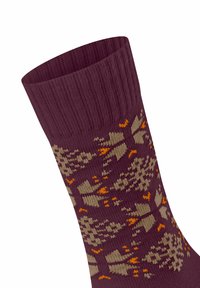 Bordowe skarpety z prążkowanym mankietem, z geometrycznym wzorem w odcieniach beżu i pomarańczu. Materiał jest miękki i teksturowany, zaprojektowany z myślą o komforcie.