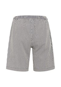 Shorts légers pour hommes avec des rayures verticales bleu marine et blanches et une ceinture élastique.