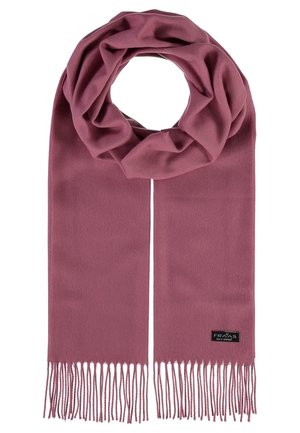 Écharpe mauve douce avec des extrémités à franges et une petite étiquette de marque noire sur un côté, soigneusement pliée en boucle en haut.