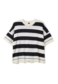 Top a maniche corte in misto cotone con audaci righe orizzontali blu navy e bianche, orlo largo e scollatura rotonda con rifinitura a contrasto.