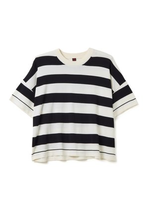 Katoenmix T-shirt met korte mouwen, met gedurfde marineblauwe en witte horizontale strepen, brede zoom en een ronde halslijn met contrasterende afwerking.