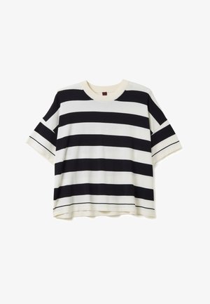 Katoenmix T-shirt met korte mouwen, met gedurfde marineblauwe en witte horizontale strepen, brede zoom en een ronde halslijn met contrasterende afwerking.