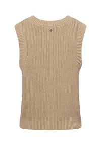 Beżowy, dziany sweter bez rękawów z prążkowanym okrągłym dekoltem i małym metalowym akcentem z tyłu. Strukturalny wzór na całej powierzchni.