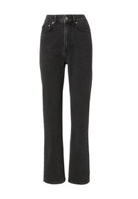 Hoge taille zwarte denim jeans met een rechte pijp, vijf-pocket ontwerp, metalen knoopsluiting en een subtiele vervaging.