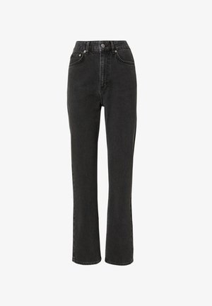 Hoge taille zwarte denim jeans met een rechte pijp, vijf-pocket ontwerp, metalen knoopsluiting en een subtiele vervaging.