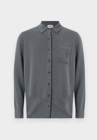 Hallhalli hall shirt, millel on krae, pikad varrukad ja rinna tasku. Valmistatud pehmest materjalist, tume nuppe ja tekstureeritud pind.