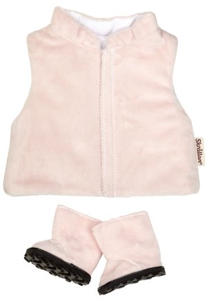 Soft pink sleeveless baby vest with matching booties, both made of plush fabric with black textured soles on the booties.