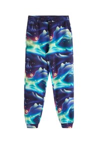 Dopasowane spodnie dresowe z kosmicznym wzorem w odcieniach niebieskiego, fioletowego i zielonego. Wykonane z miękkiego materiału, z elastycznym pasem i ściągaczami na nogawkach.