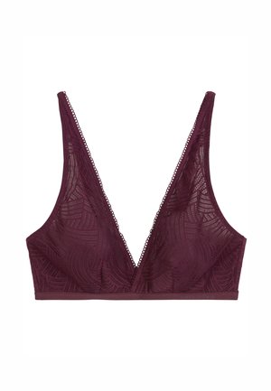 Bralette de encaje burdeos con escote en V profundo, textura de patrón intrincado y material transparente con bordes ondulados en las tirantes.