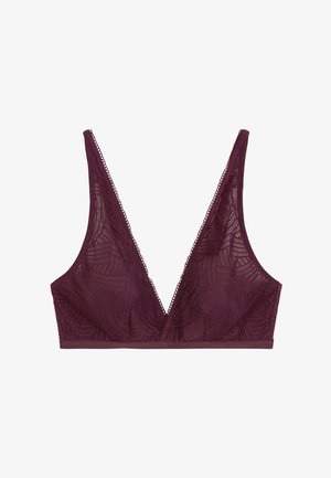 Bralette de encaje burdeos con escote en V profundo, textura de patrón intrincado y material transparente con bordes ondulados en las tirantes.