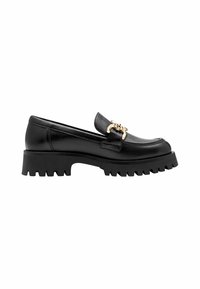 Black leather loafers with a prominent gold metal hardware accent, sturdy black rubber sole with a serrated edge, smooth texture.