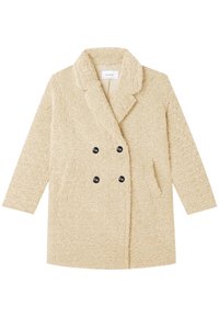 Beige doppeltknöpfiger Teddy-Mantel mit weitem Kragen, langen Ärmeln, strukturiertem Fleece-Stoff und zwei Seitentaschen.