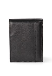 Portafoglio in pelle nera dal design minimalista, caratterizzato da una texture liscia, forma piegata e dettagli di cucitura a vista.