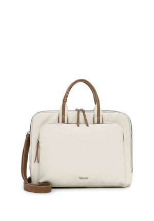 Kreemjas-pruun sülearvutikott esiküljel lukuga tasku, kahe käepideme ja eemaldatava õlarihmaga.