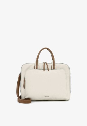 Cream and brown laptop bag with front zip pocket, dual handles, and detachable shoulder strap.