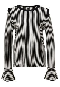 Top a maniche lunghe a righe bianche e nere con scollo rotondo e polsini svasati, con dettagli di balze sulle spalle.