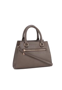 Grå läderhandväska med dubbla topphandtag, avtagbar axelrem och en framficka med dragkedja som har detaljer i guldton.