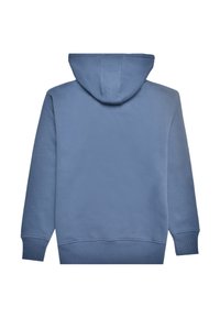 Blå bomullshettegenser med snor i hetten, ribbestrikkede mansjetter og nederkant. Jevn tekstur, uten synlige mønstre eller metallpåvirkninger.