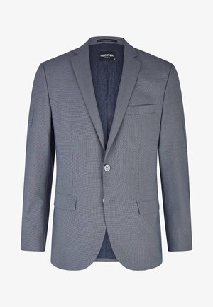 Grijze geblokte blazer met een notch-lapel, enkele knoopsluiting en twee voorzakken. De binnenzijde heeft een subtiele gemusterde voering.