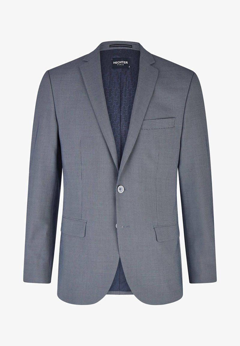 Grå mønstret blazer med en notch-lapel, enkelt knaplukning og to frontlommer. Indersiden har et subtilt mønstret for.