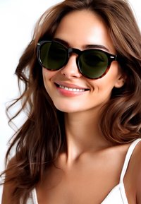 Occhiali da sole rotondi con montatura nera e lenti verde scuro. Dettagli tartarugati sulla montatura. Il modello ha capelli marroni mossi e sorride.