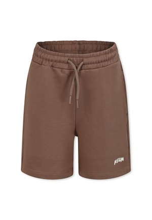 Shorts in misto cotone marrone con vita elastica, lacci regolabili e un accento di logo bianco sul lato. Texture liscia, vestibilità casual.
