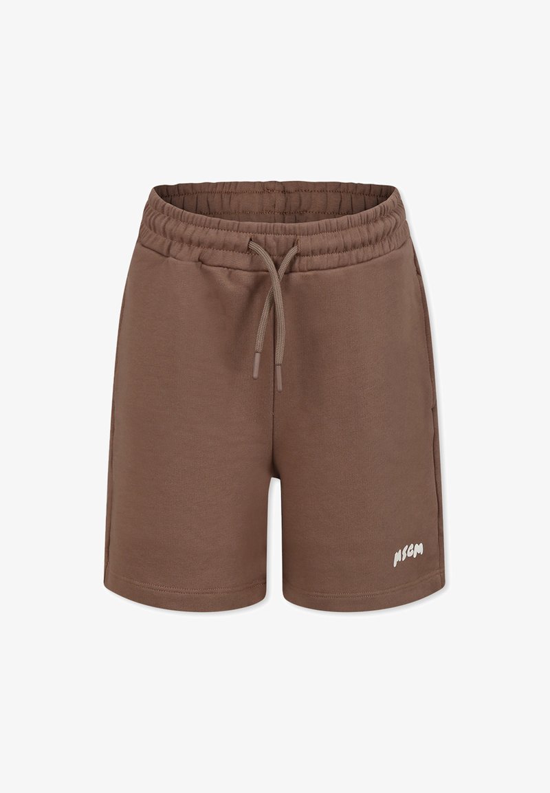Shorts in misto cotone marrone con vita elastica, lacci regolabili e un accento di logo bianco sul lato. Texture liscia, vestibilità casual.