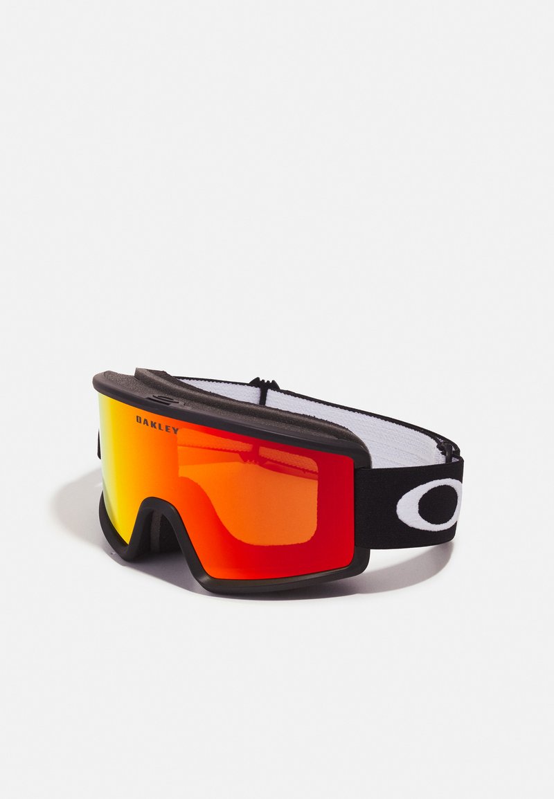 Black ski goggles with a wide, orange tinted lens, featuring a sturdy frame and a black elastic strap with a white logo.