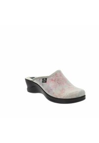 Zoccolo grigio e rosa con motivo, dalla parte superiore liscia, punta arrotondata e soletta nera a zeppa. Presenta un design slip-on senza parti in metallo.