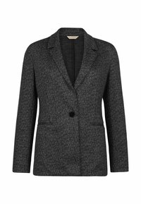 Czarna i szara marynarka w jodełkę z klapami, z pojedynczym zapięciem na guzik i dwoma przednimi kieszeniami. Wykonana z teksturowanej tkaniny.