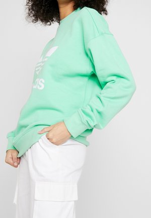 Osoba ubrana w miętową bluzę Adidas i białe spodnie typu cargo, z ręką w kieszeni na jednolitym tle.