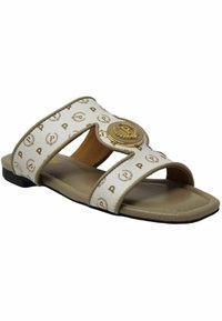 Sandalo scivoloso beige con tre fasce, caratterizzato da un upper bianco a motivi. Dettaglio del logo dorato al centro. Sole piatto con leggera texture.