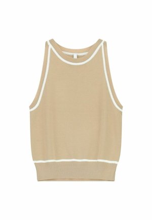 Top beige senza maniche in maglia con bordi bianchi intorno agli scalfi, al collo e all'orlo, caratterizzato da una fascia in vita a coste.