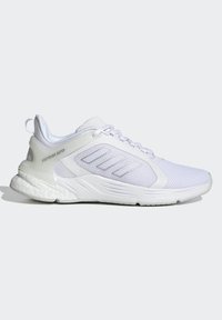White athletic shoe with a mesh upper and synthetic accents. Features a cushioned sole, rounded toe, and three diagonal stripes on the side.