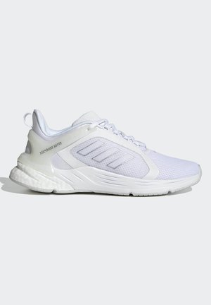 White athletic shoe with a mesh upper and synthetic accents. Features a cushioned sole, rounded toe, and three diagonal stripes on the side.