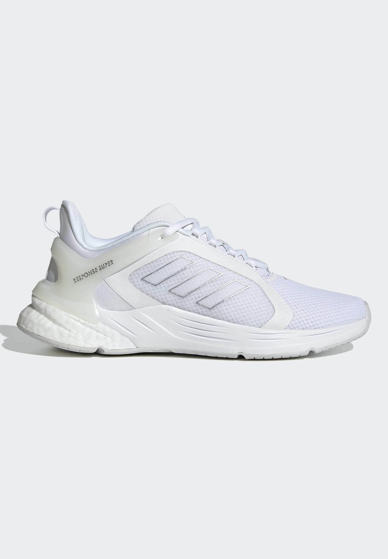 White athletic shoe with a mesh upper and synthetic accents. Features a cushioned sole, rounded toe, and three diagonal stripes on the side.