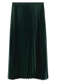 Pleated skirt in deep green, made of a shiny fabric. Features vertical pleats, smooth texture, mid-length design, and a flat waistband.
