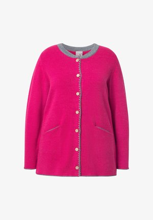 Světlé růžové kardigán s knoflíky, šedým lemováním na límci, knoflíkové liště, manžetách a kapsách, s dlouhými rukávy a kulatým výstřihem.