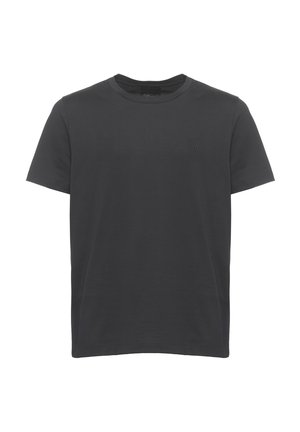T-shirt nera a maniche corte con scollo tondo e piccolo logo discreto sul petto sinistro, mostrata su sfondo bianco semplice.