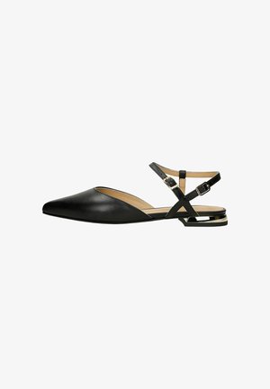 Black leather slingback flat shoes with a pointed toe, featuring crisscross straps and a small gold-accented heel detail.