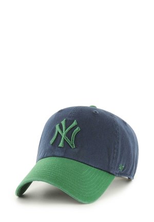 Baseball cap with a dark navy crown and a green visor. Features an embroidered NY logo in green and a stitched brand detail on the side.