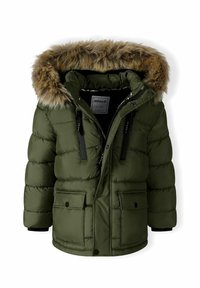 Olivgrüne Puffjacke mit Kapuze aus Fuchsbesatz, Reißverschluss und Druckknopfverschluss, zwei Fronttaschen und strukturiertem Stoff zur Isolation.