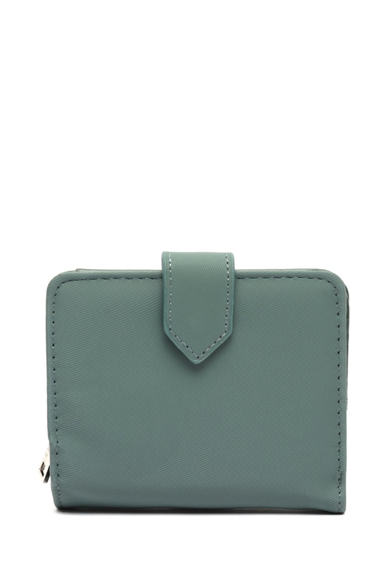 Compact zipportemonnee in gestructureerd teal materiaal, met een klep sluiting en contrasterende stiksels. Rechthoekige vorm met een gladde afwerking.