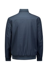 Marineblauwe lichtgewicht jas met lange mouwen, elastische manchetten en tailleband, getoond vanaf de achterkant tegen een witte achtergrond.