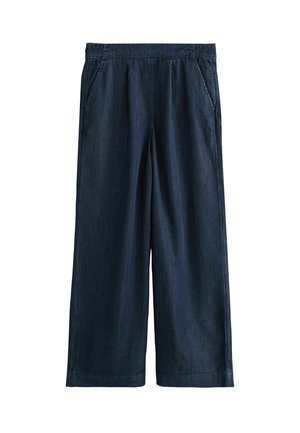 Pantaloni a gamba larga blu scuro realizzati in denim morbido. Caratterizzati da una vita elastica e due tasche laterali. Texture liscia e vestibilità comoda.