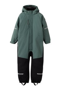 Groen en zwart geïsoleerd sneeuwpak met een capuchon, voorrits en reflecterende accenten; heeft elastische mouwen en enkelbanden voor een veilige pasvorm.